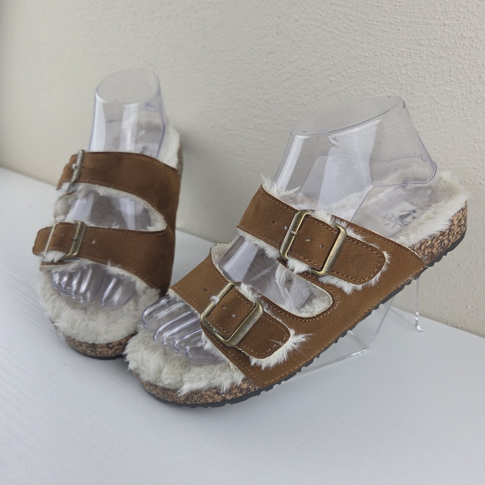 Corkys Laid Back Shearling Lined Slide Brown Buckle Casual Sandals Womens Size 7